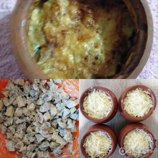 Запечённая в горшочках картошка с грибами, сыром, зеленью и майонезом Московский Провансаль Сливочный 67 жирности.